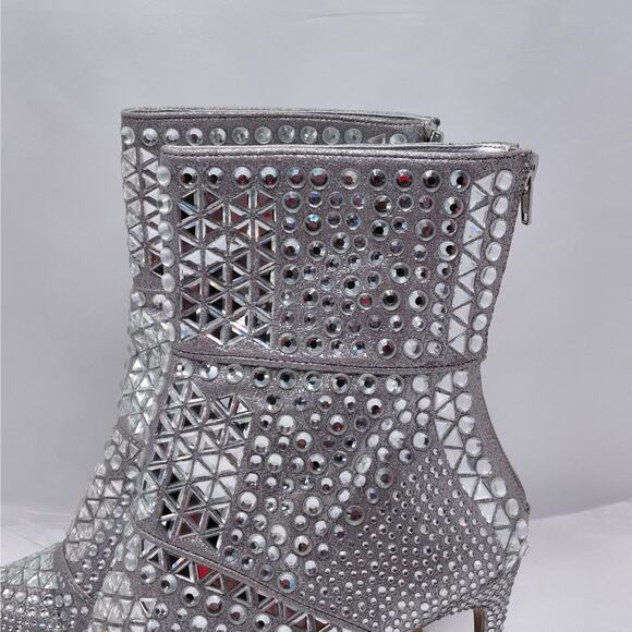 Steve Madden Crossing Silver Rhinestone Ankle Boots 10M Sparkle Stiletto Heels - Picture 7 of 12